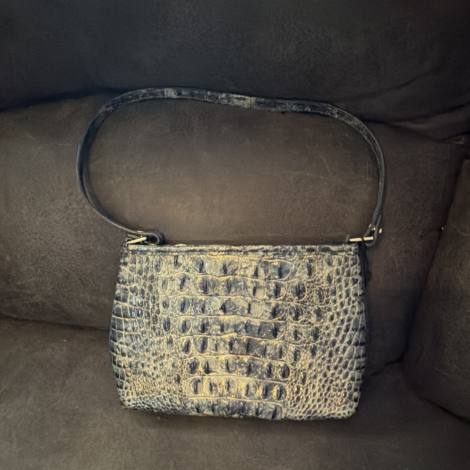Brahmin Blue Croc Embossed Animal Print Zip Shoulder Bag Purse Gold Hardware