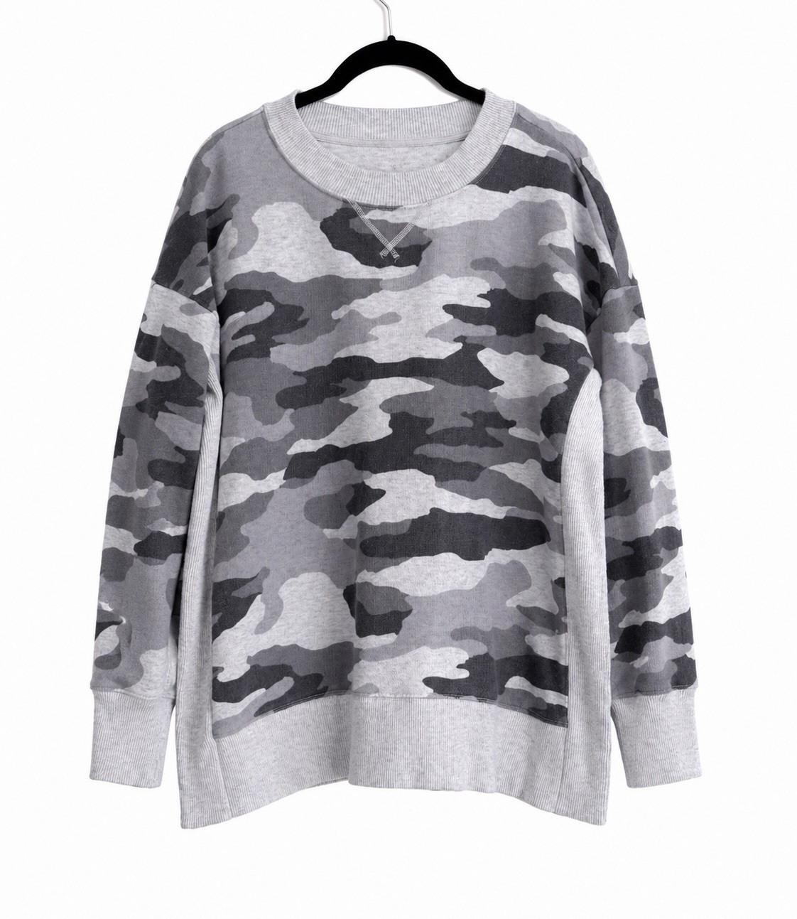 Aerie Camo Knit Crew Neck Long Sleeve Oversized Pullover Sweater Womens M Gray