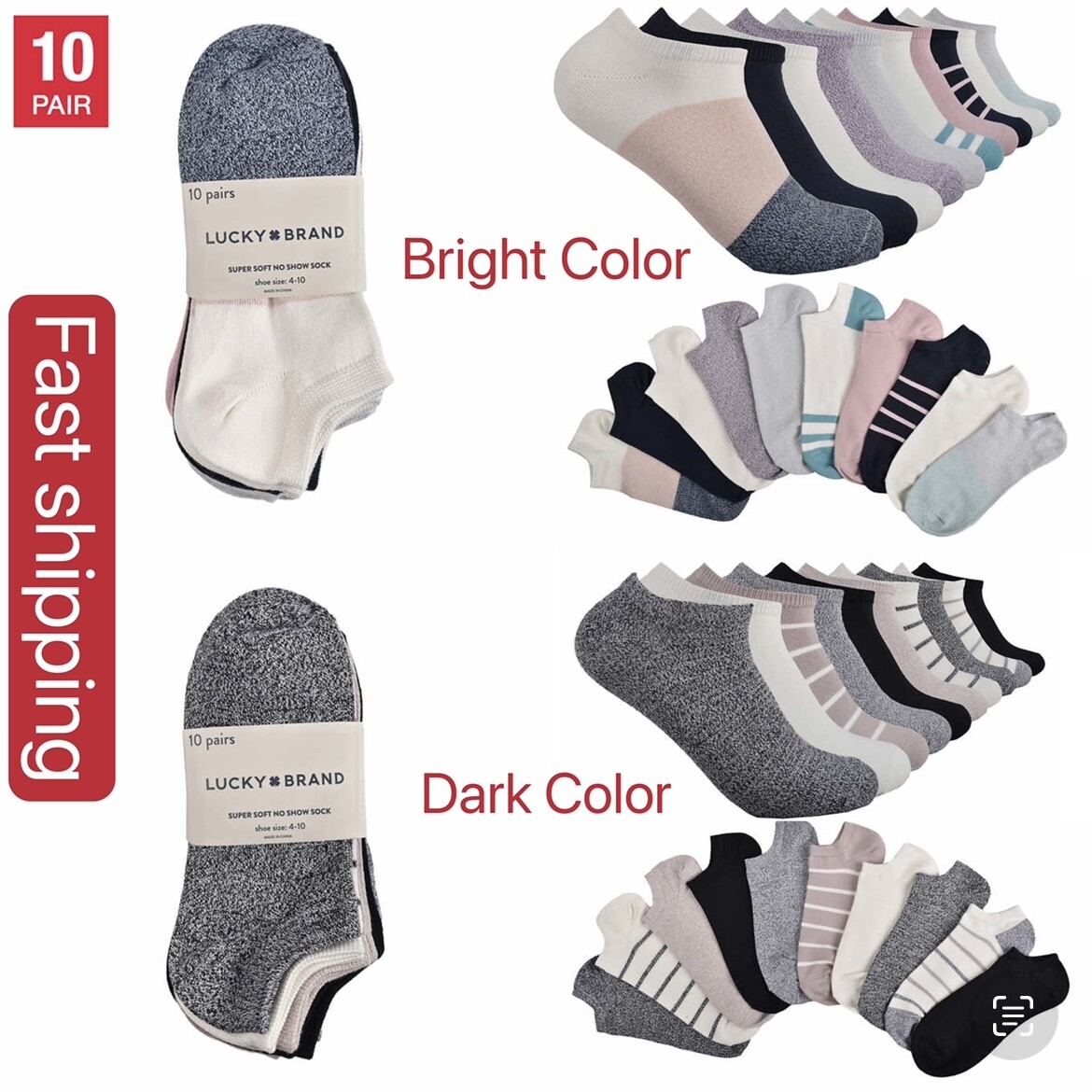 NWT LUCKY BRAND LADIES’ 10 PK MULTI-COLOR SUPER SOFT NO SHOW SOCK SZ 4-10