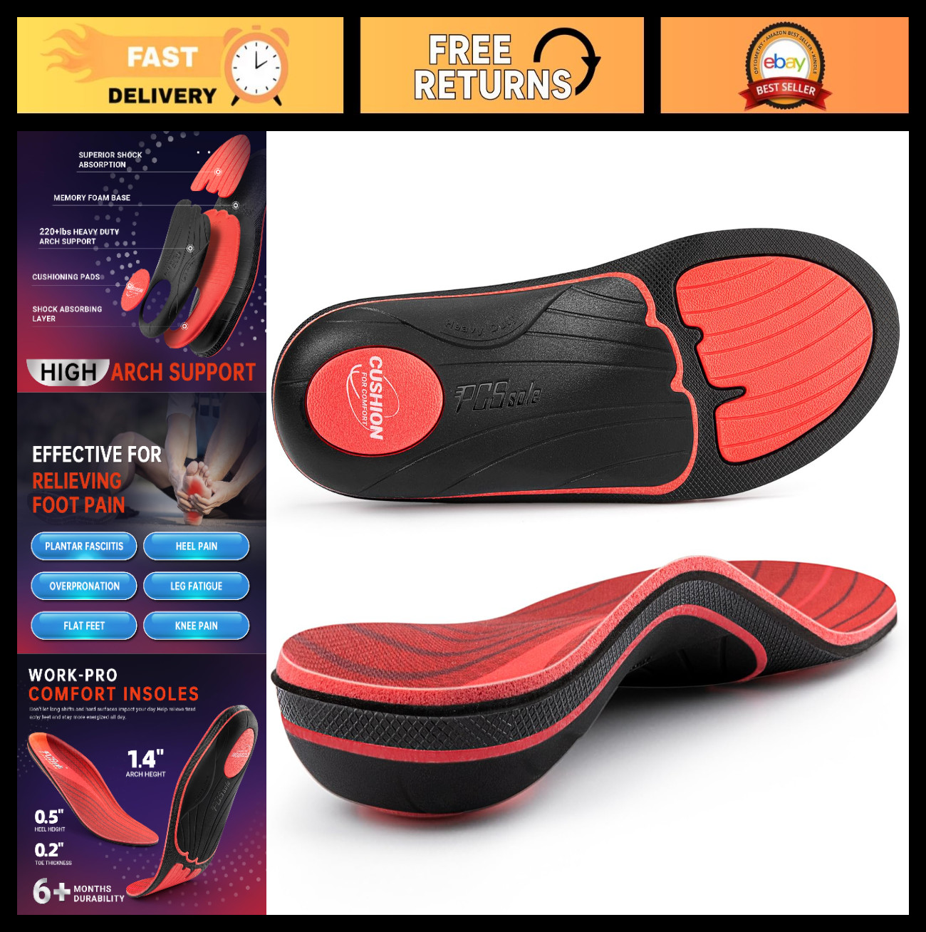 High Arch Support Insoles for Plantar Fasciitis – Heavy Duty Comfort Cushion Ins