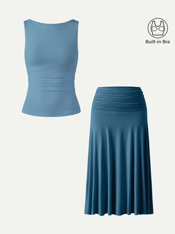 OGL 2Pcs Set Open Back Bra Tank & Side Ruched A-line Midi Skirt – Free SHIPPING!