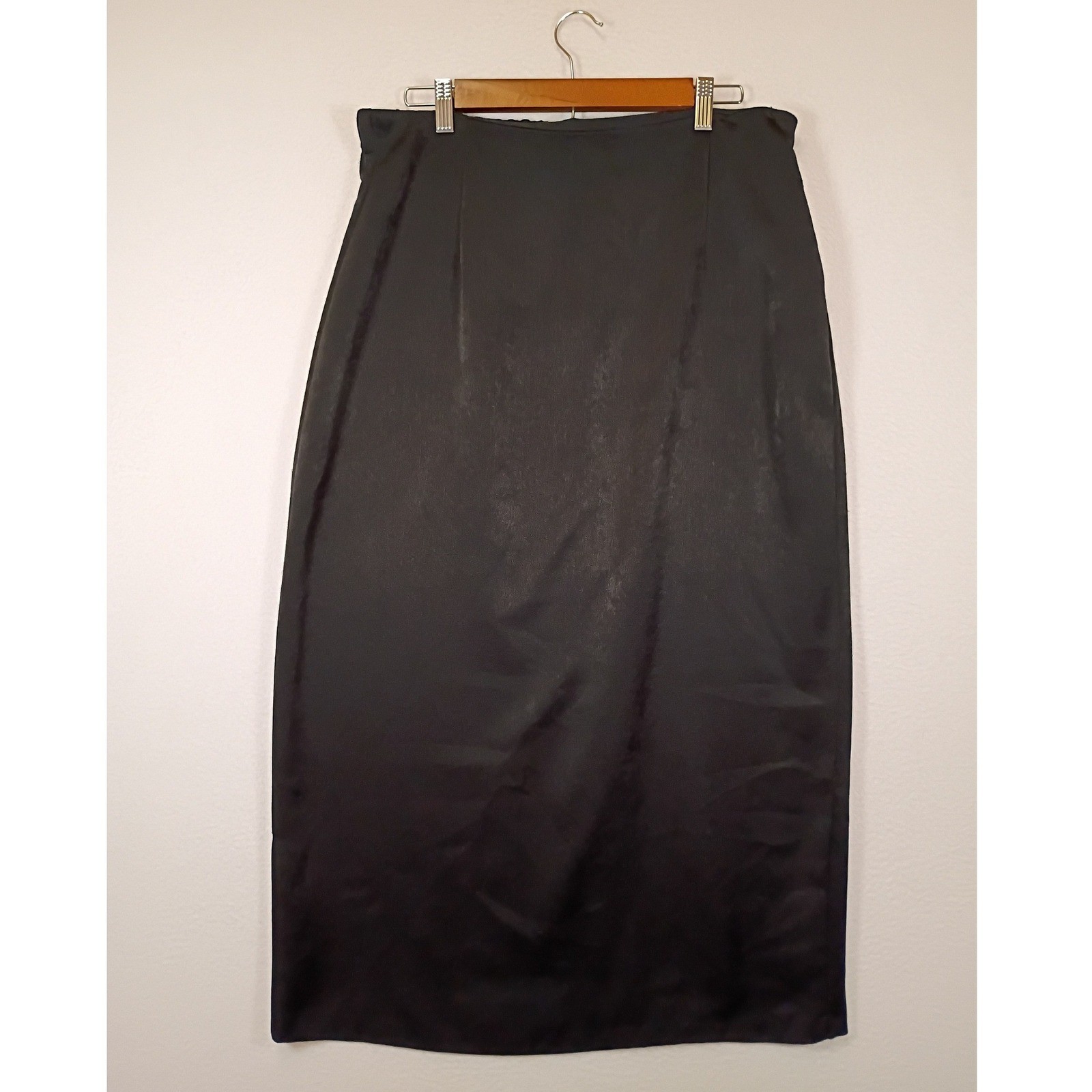 Vintage Minimalist Unbranded Womens XL Black High Waist Satin Look Midi Skirt