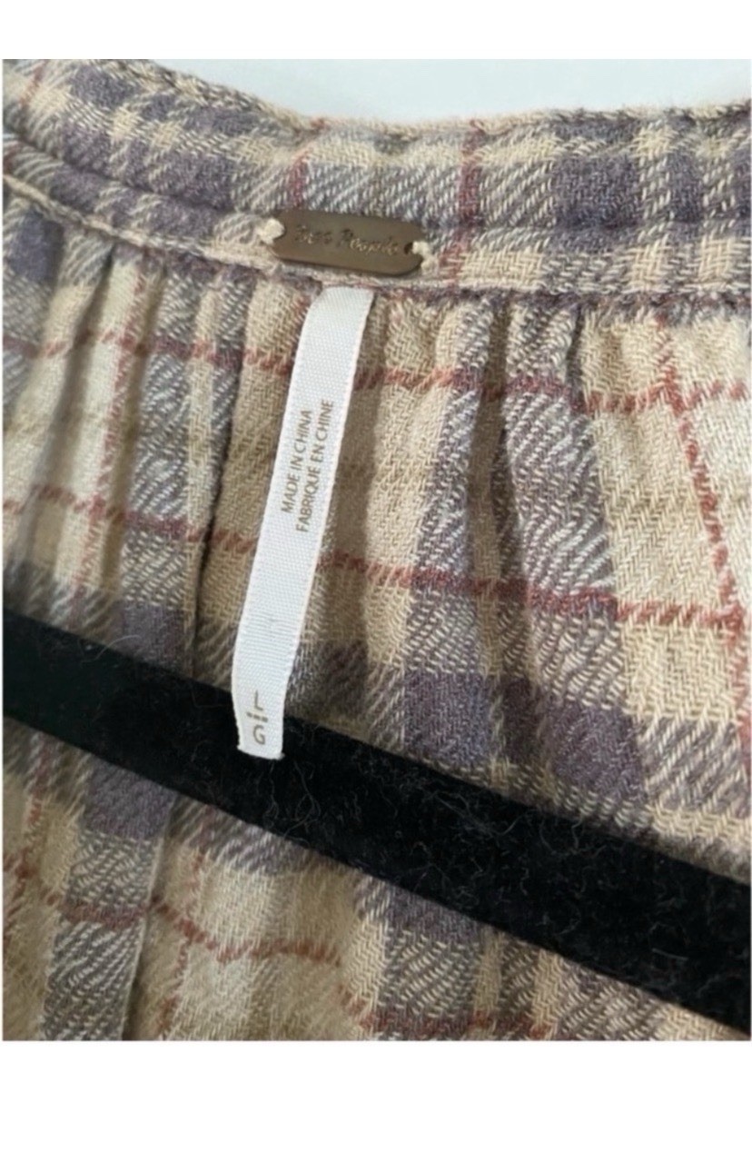 Free People Beige Plaid Oversized Boho Blouse Size Large