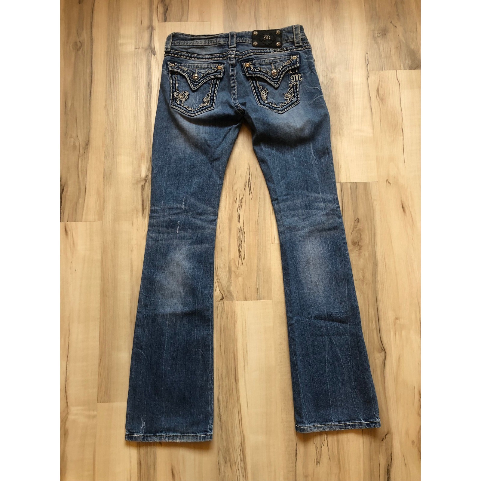 Miss Me JP5415B Bootcut Jeans Medium Wash Butterfly Embellished Flap Pocket 28