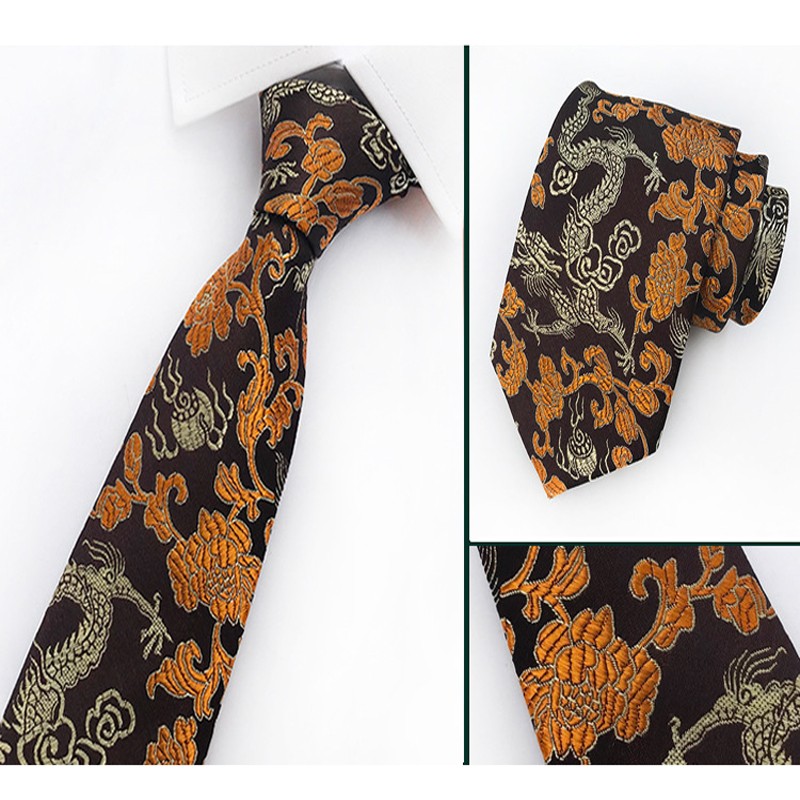 Men Retro 8CM Wide Chinese Dragon Floral Jacquard Necktie Wedding Formal Tie
