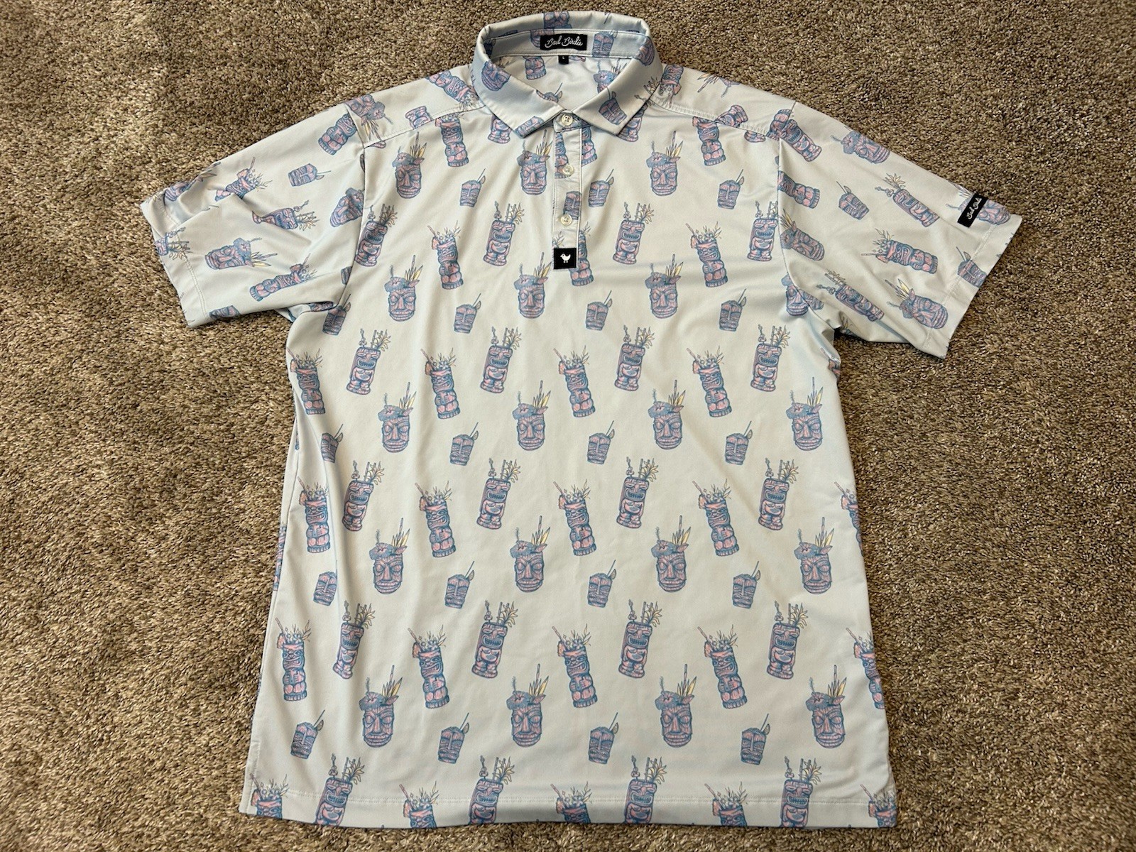 Bad Birdie Golf Polo Shirt Men L Blue Let’s Get Tiki All-Over Print Performance