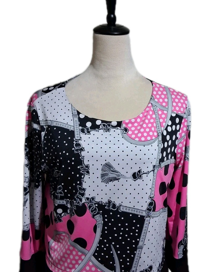 Nygard Layered Tunic Stretch Top Pink Black White Mixed Print 3/4 Sleeve Small