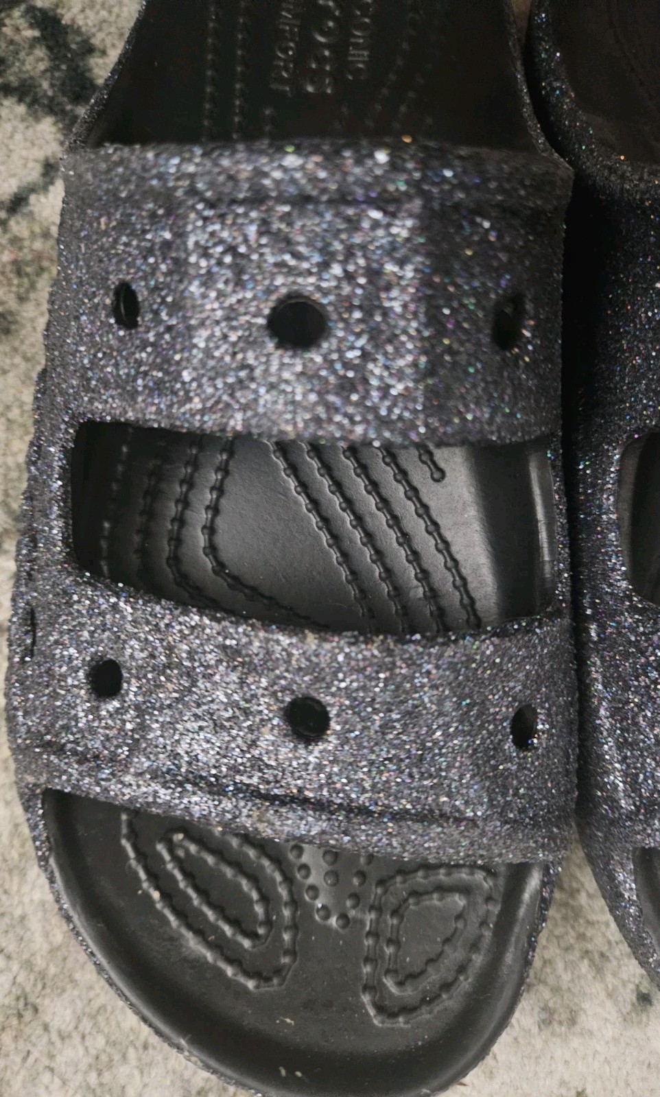 Crocs Baya Slide Sandals Womens 7 Mens 5 Black Glitter Iconic Comfort