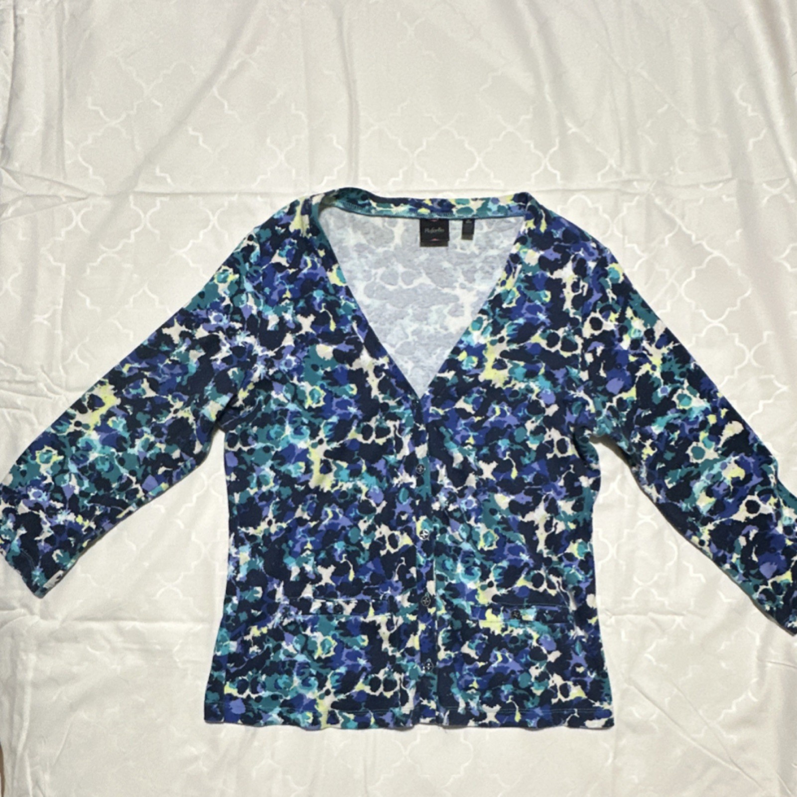 Rafaella Blue Floral Cotton Button-Up Blouse 3/4 Sleeve V-Neck Women Size M