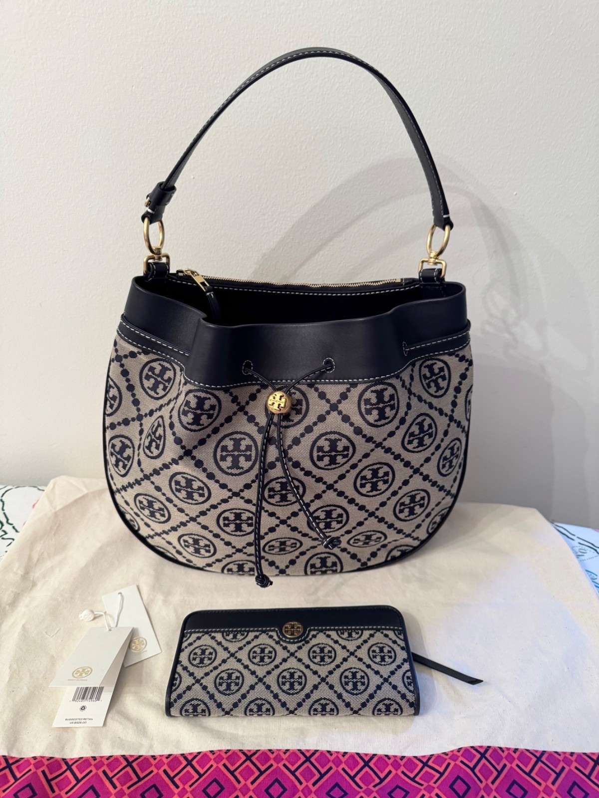 Tory Burch T Monogram Jacquard Drawstring Hobo Bag with matching Wallet