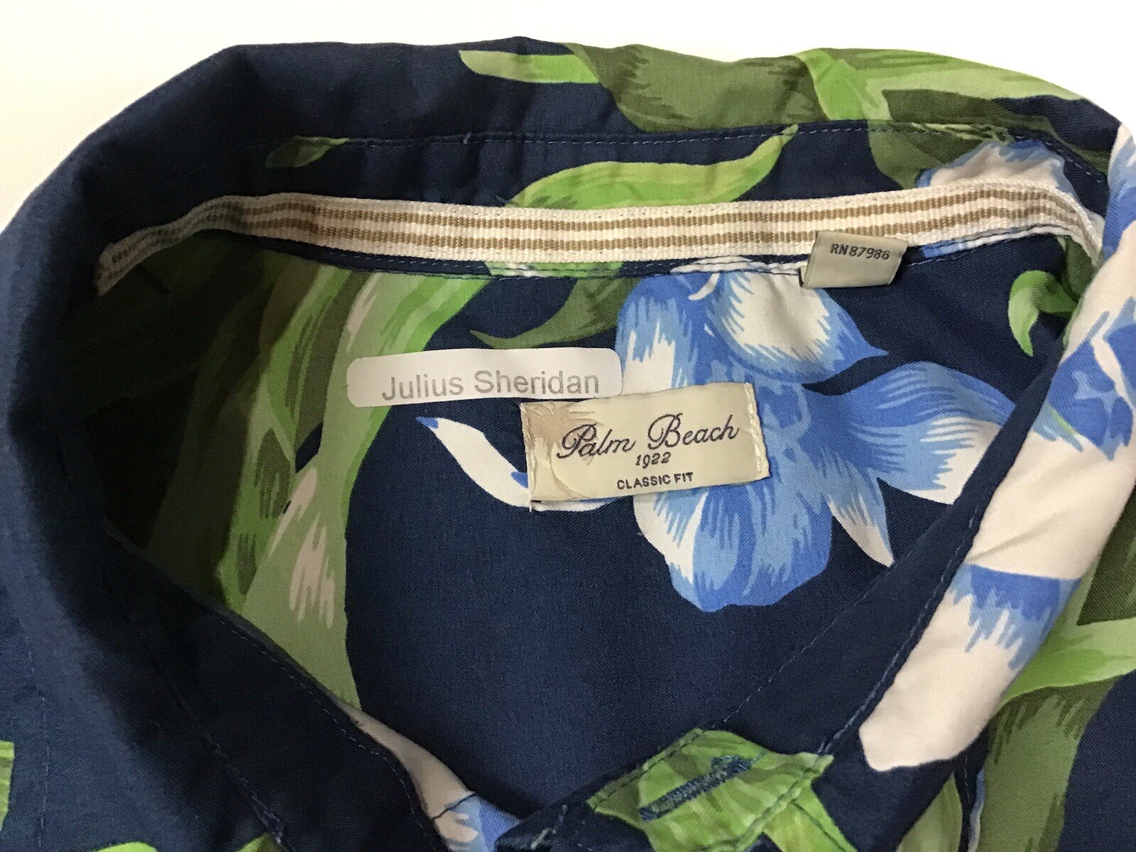 Palm Beach Classic Fit Button Up Hawaiian Floral Print Shirt XL Blue White Green