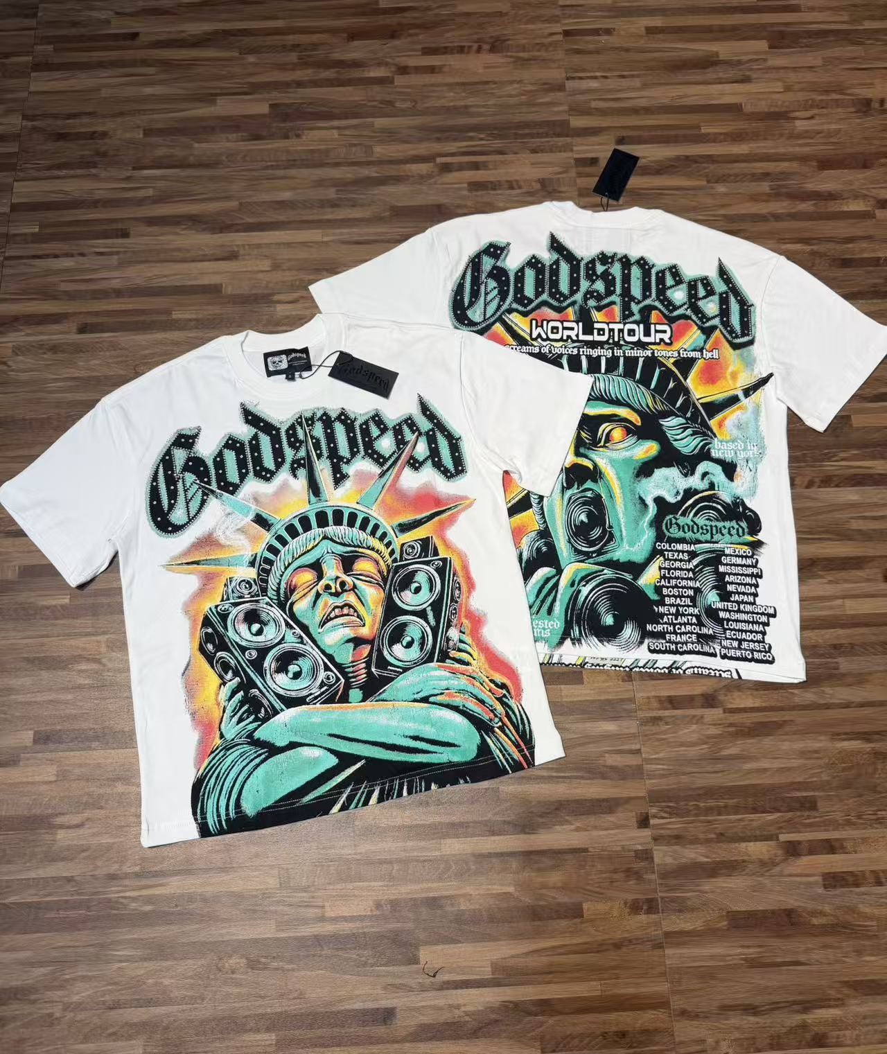 26SS Godspeed Mocking the Statue of Liberty printing Tee Mens Cotton T-shirt