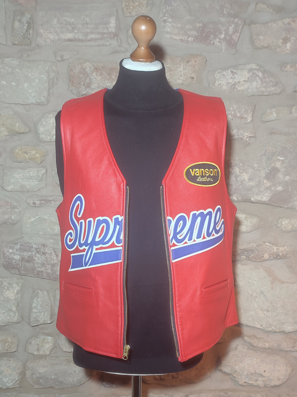 ★★ Vanson x Supreme Spider Vest – Biker Leather Vest Vest – Red Blue – Large ★★