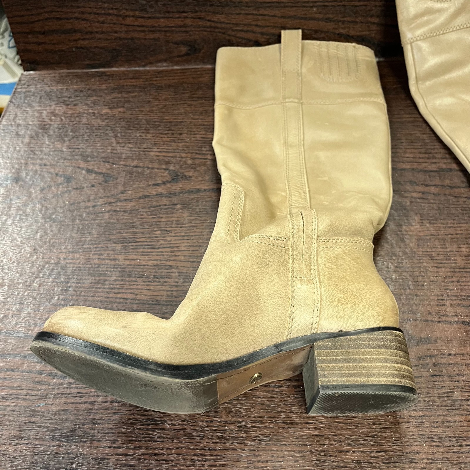 Lucky Brand Women’s Hidranja Knee High Boot 7M Beige Leather Stacked Heel Woven