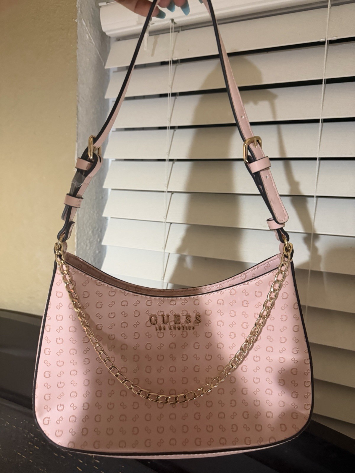 GUESS Pink Logo Print Shoulder Bag w/ Gold Chain, Detachable Strap
