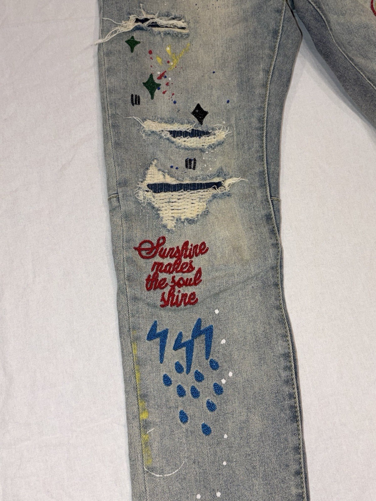 First Row Slim Straight Stretch Denim Jeans 30×32 Light Stone Tint Embroidered