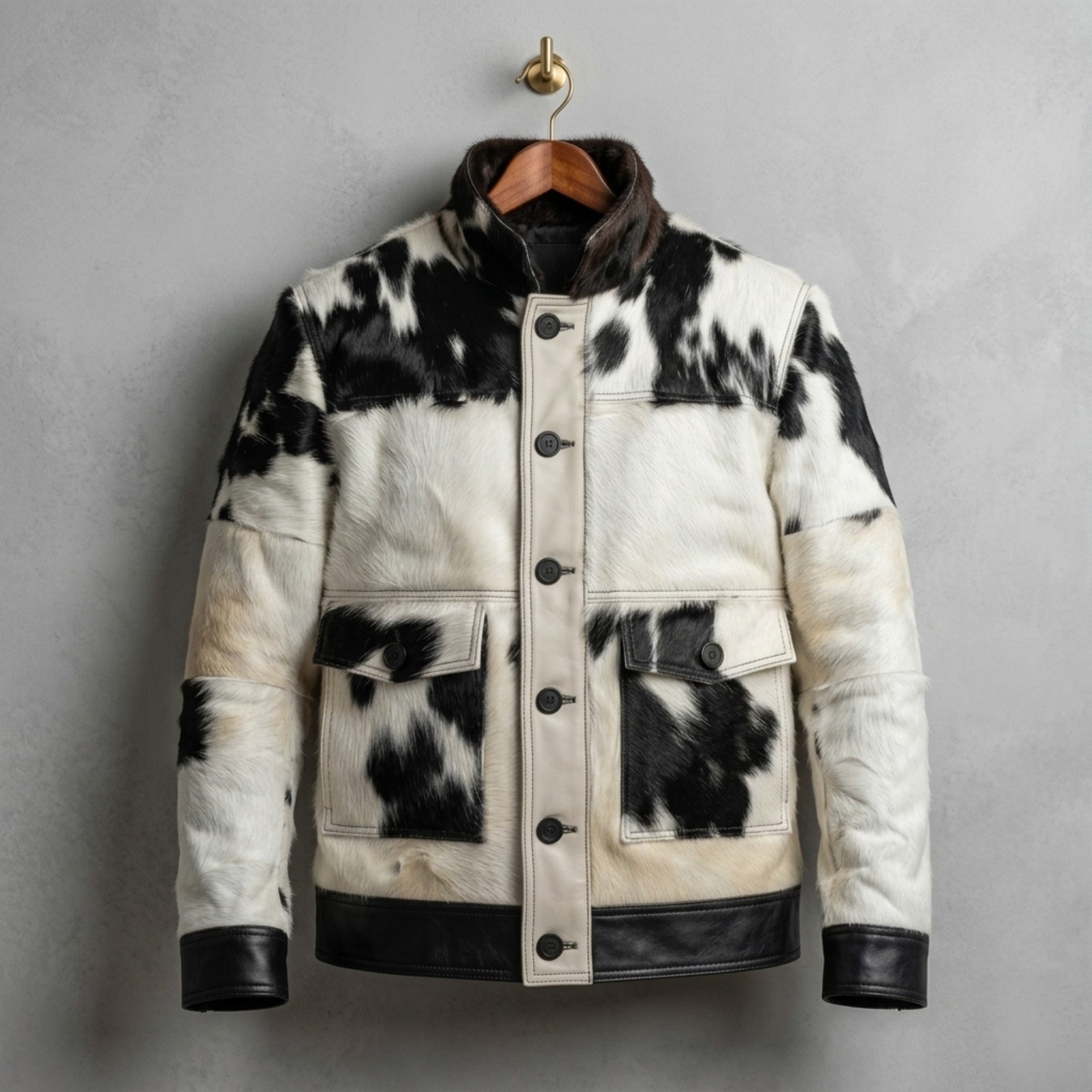 Men’s Black White Cowhide Leather Jacket Hair On Hide Western Bomber Jacket Pony