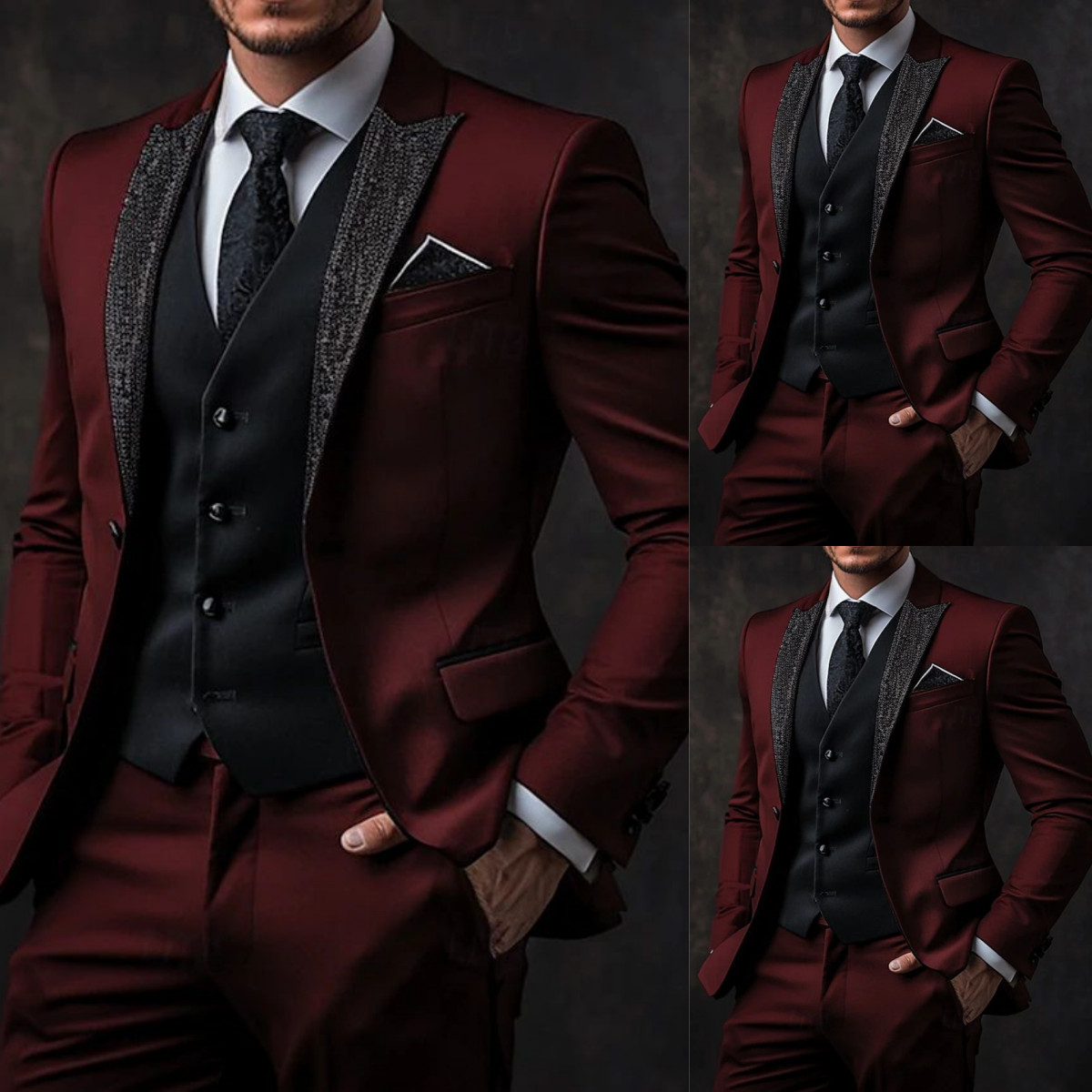Red Mens Suits Sequin Appliques Formal Prom Coat 2PCS Slim Fit Peak Lapel Jacket