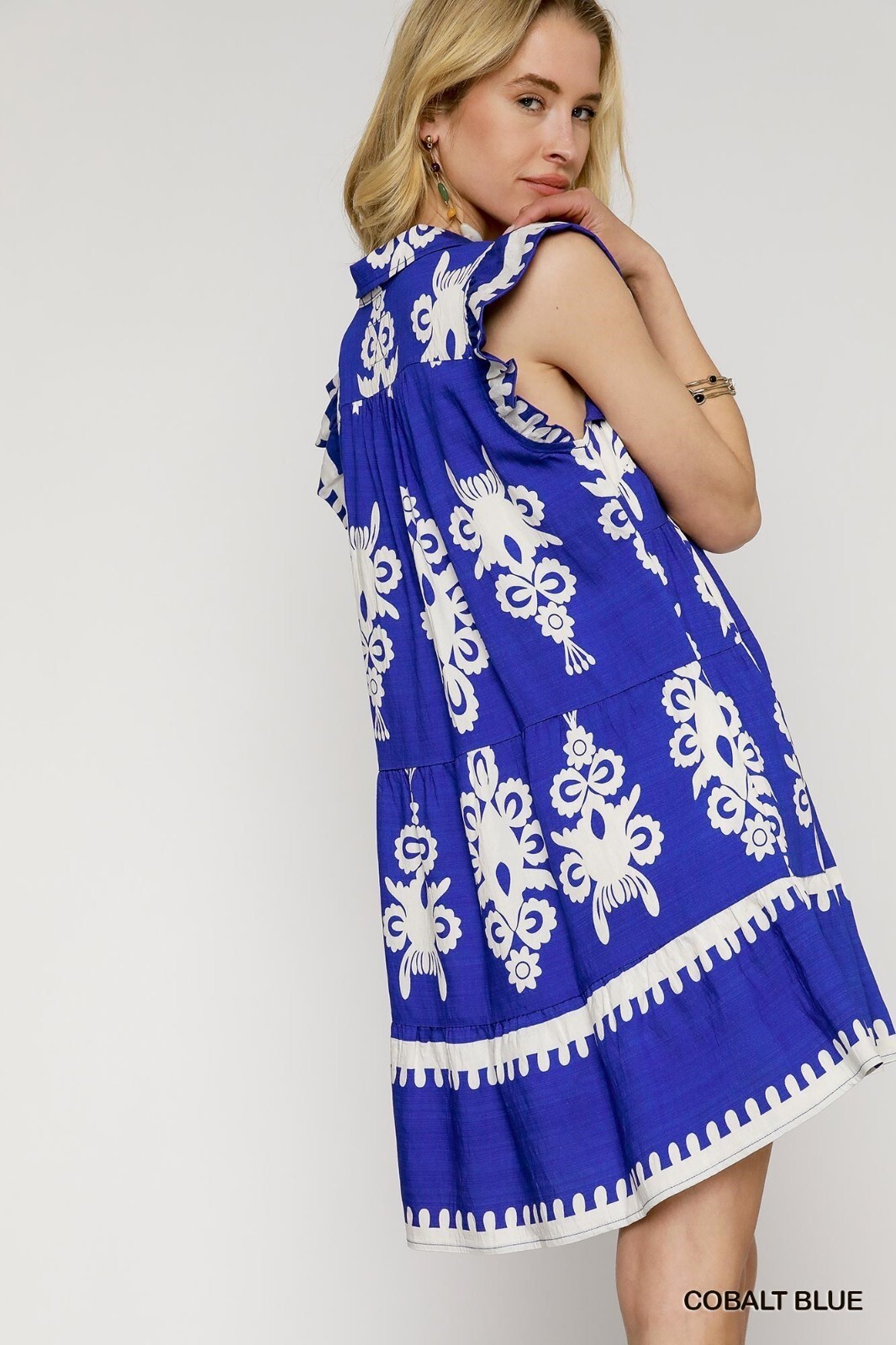 Cobalt Blue Umgee Abstract Print Two Tone Collared Split V Neck Ruffle Dress