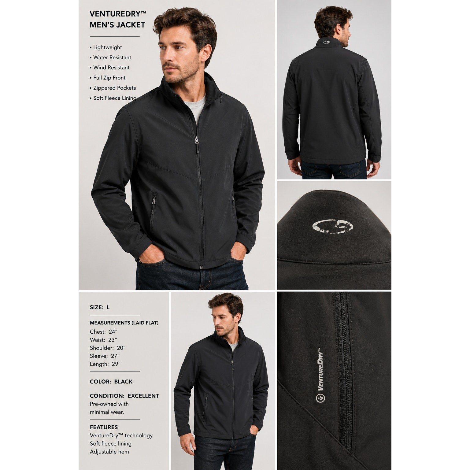 Champion VentureDry Black Soft Shell Jacket Men’s Large Fleece Lined Full Zip