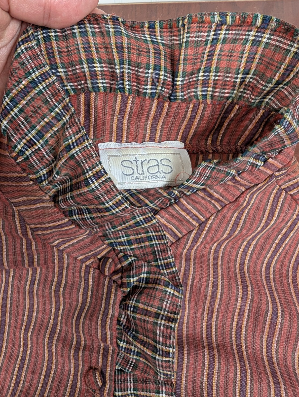 Vintage 70s Stras Teacher Retro Blouse Chic Office Button Fringe Stripes Sz S/M