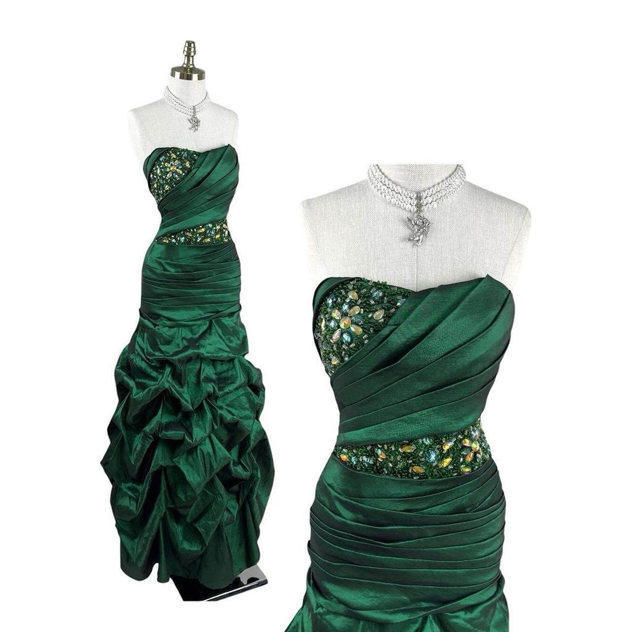 Vintage 90s Green Strapless Beaded Draped Taffeta Mermaid Evening Prom Gown 8