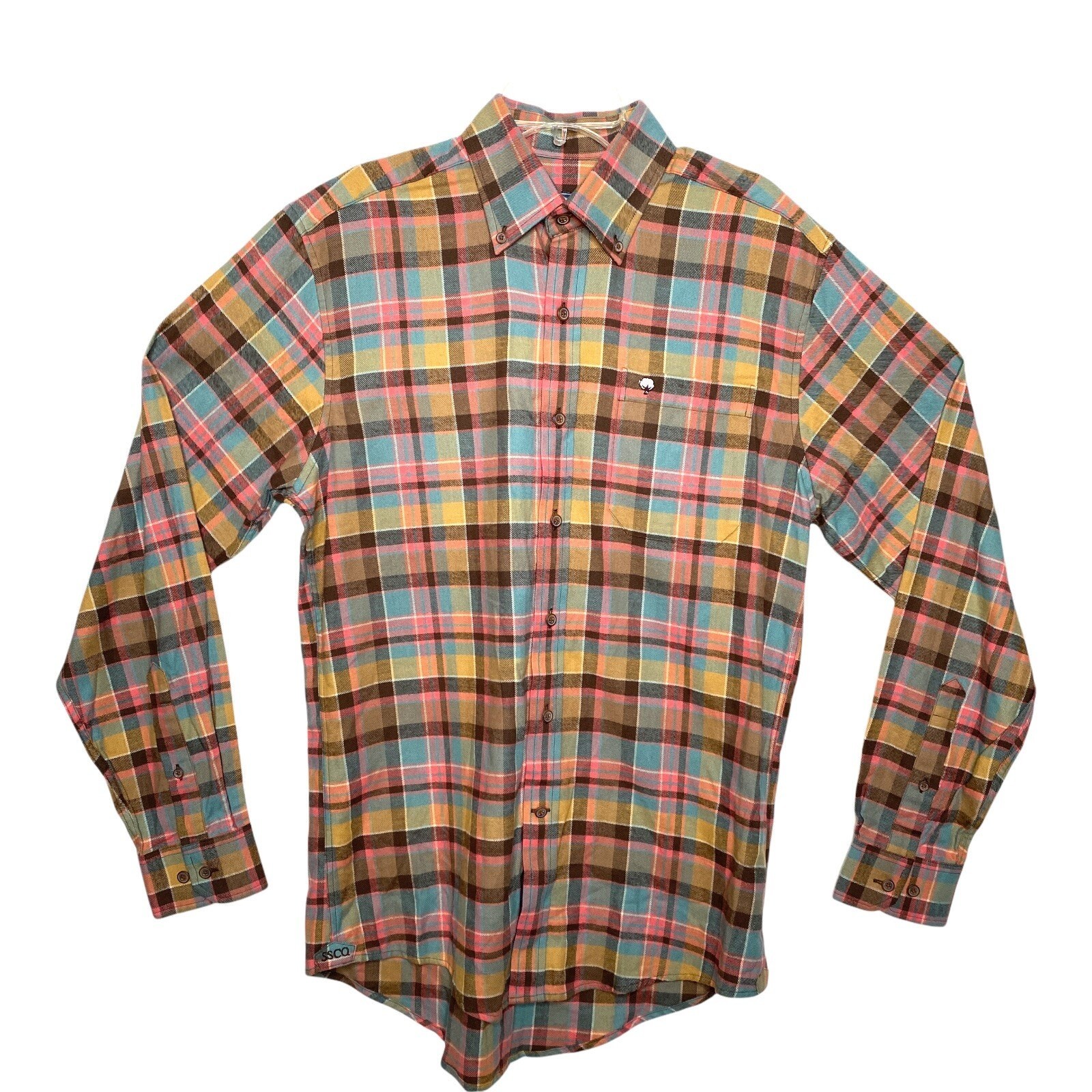 Southern Shirt Co Flannel Shirt Mens Small Brown Pink Tartan Plaid Button Logo