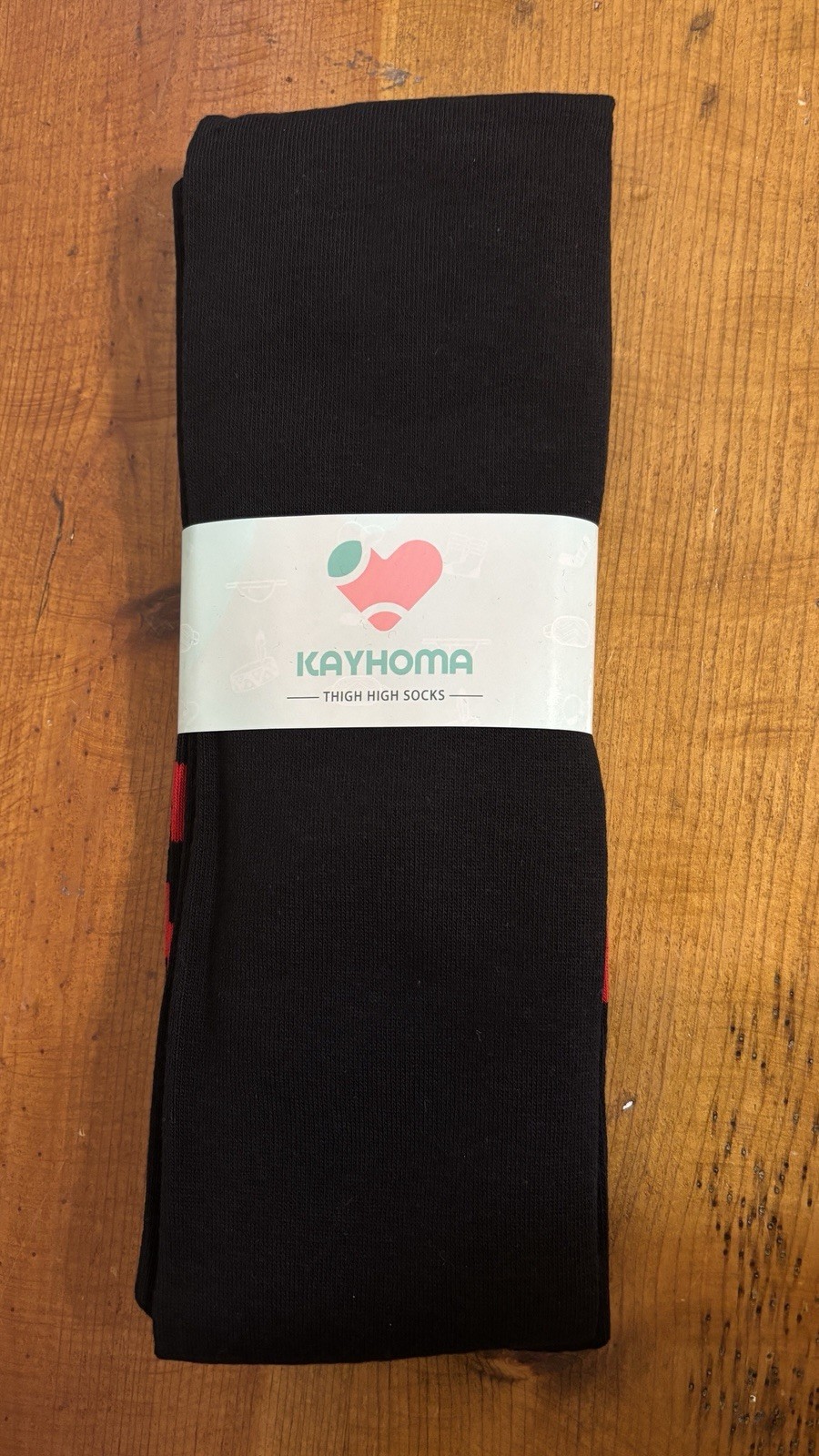 NEW Kayhoma Black Thigh High Socks w Red Stripe Bands at Top -One Size