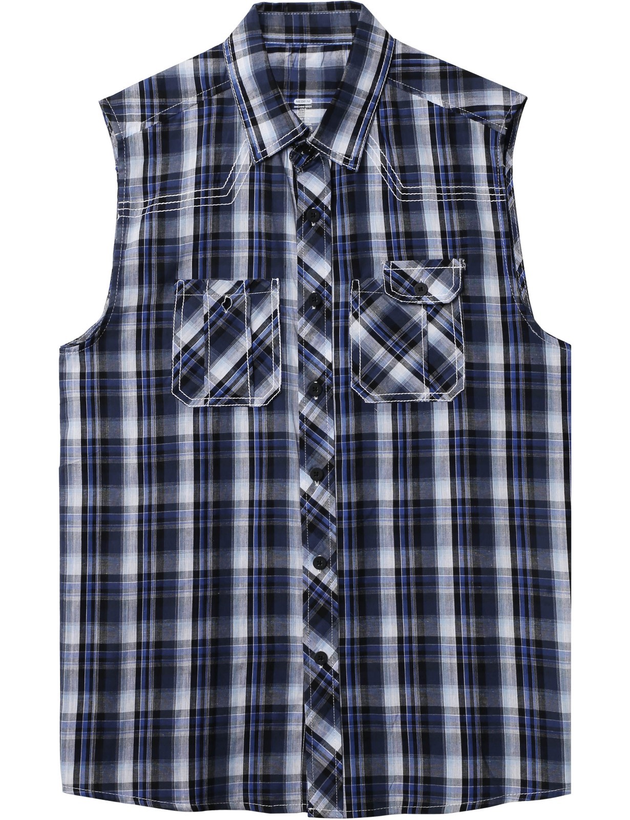 Mens Plaid Shirts SLEEVELESS Tee Casual Vest Button Down Flannel Pockets Biker