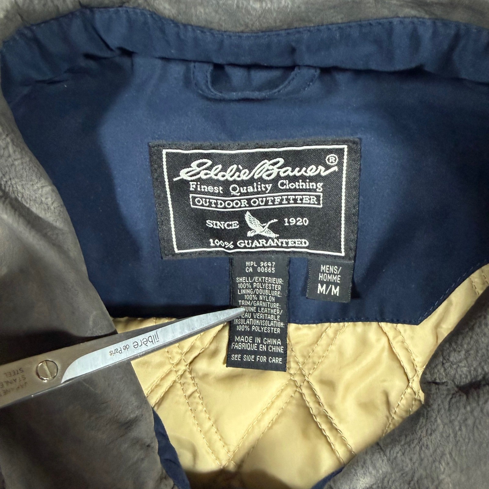 Eddie Bauer Mens Navy Blue Quilted Lined Chore Jacket Leather Collar Medium Y2k