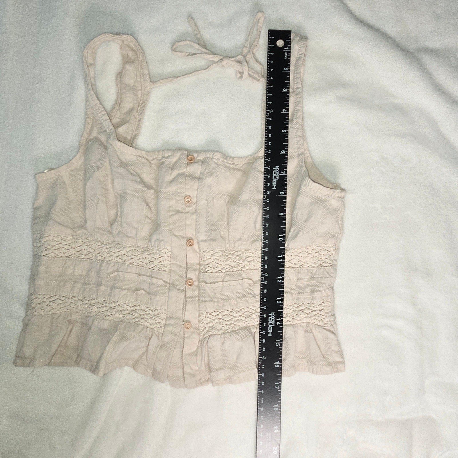 Kirious Crop Top Sz M Ruffled Ruched Crochet Tie Back Cottagecore Boho Beige