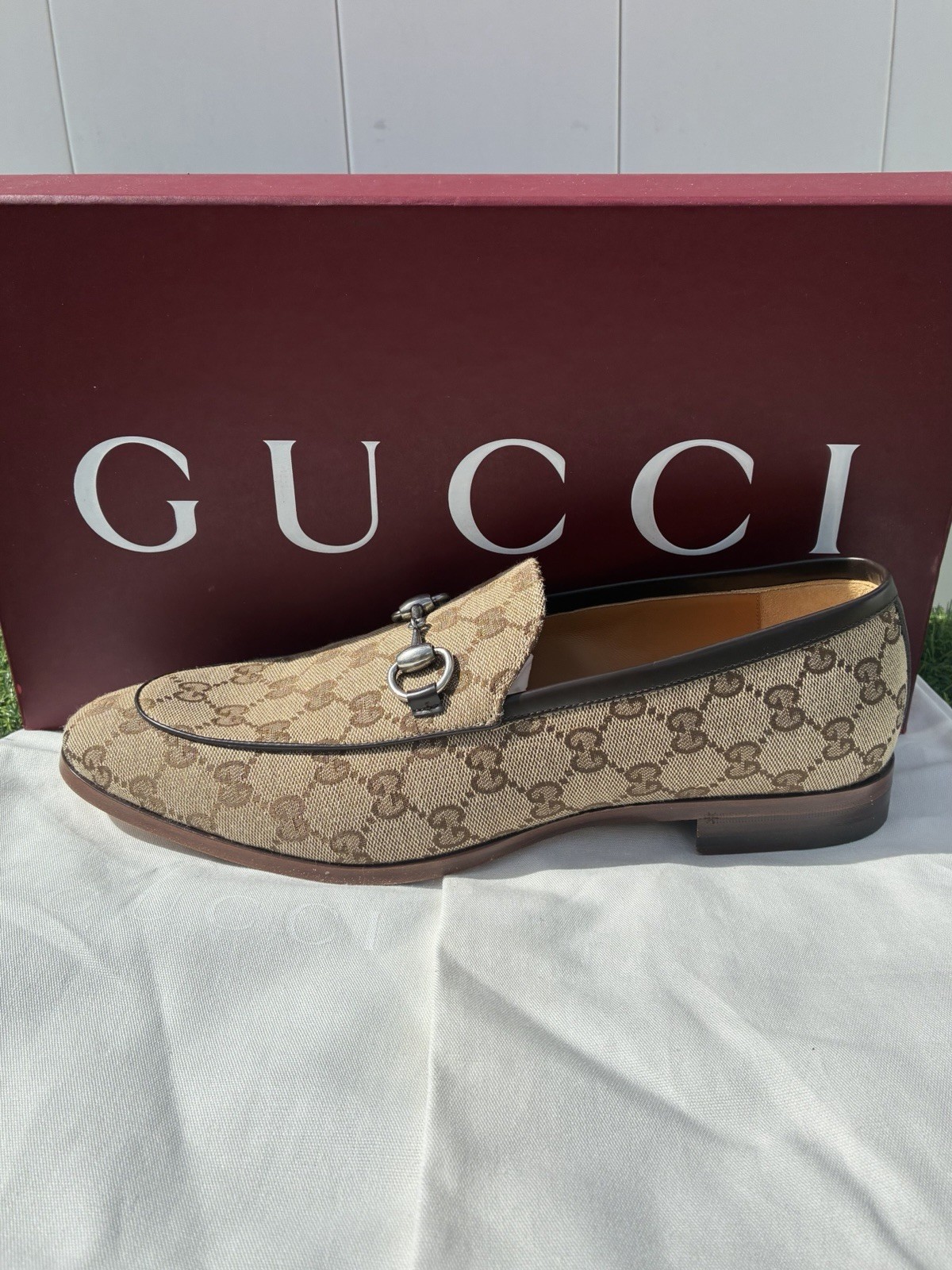 GUCCI CLASSIC BEIGE EBONY GG SUPREME MONOGRAM HORSEBIT JORDAAN LOAFERS G8.5 US9