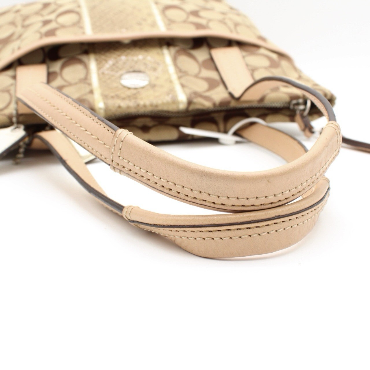 COACH Signature Canvas Leather Tote Bag Beige Brown Snakeskin Embossed Silver
