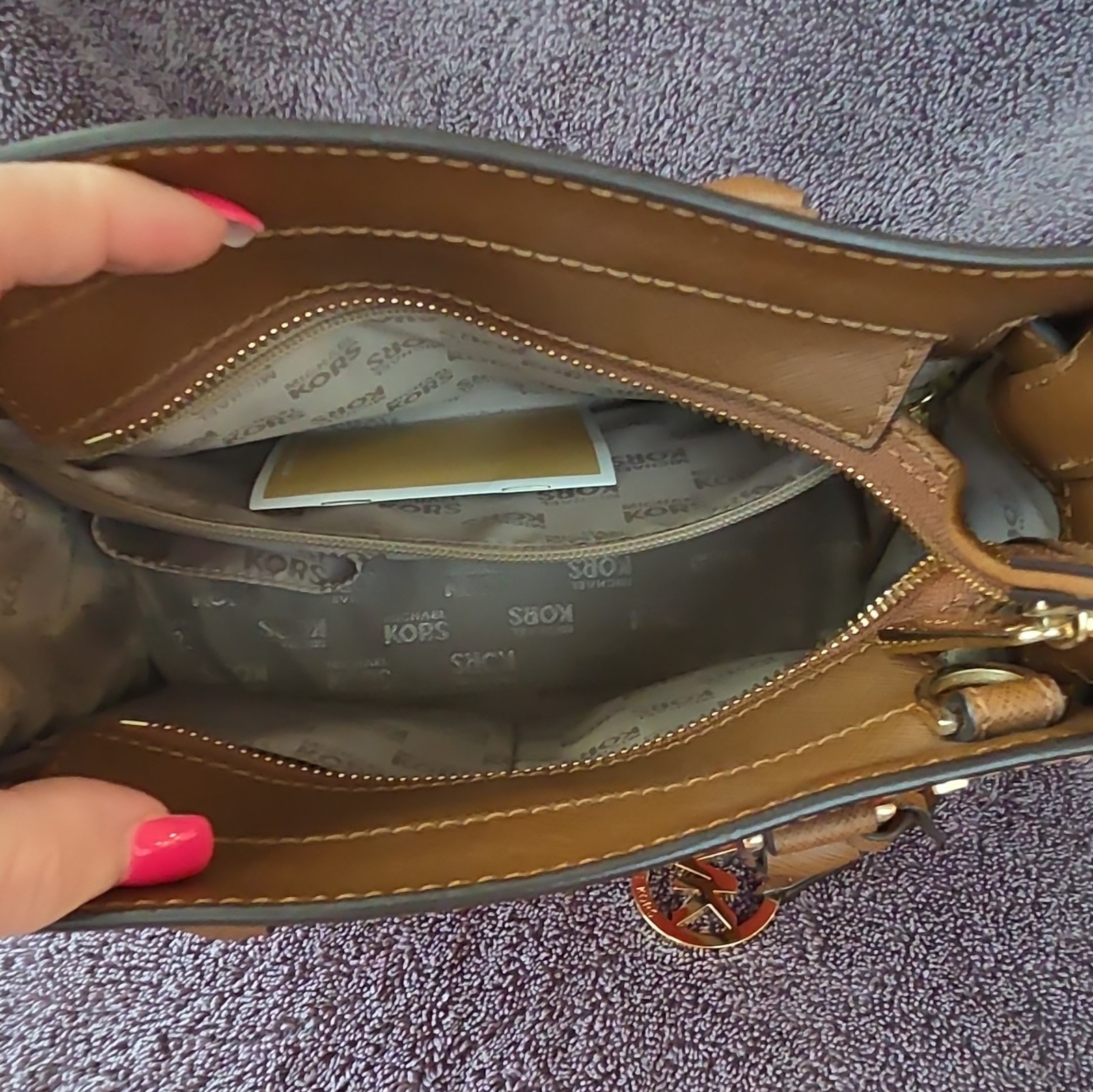 Michael Kors Small Orange & Brown Satchel Top Handle Zip, Detachable Strap Charm