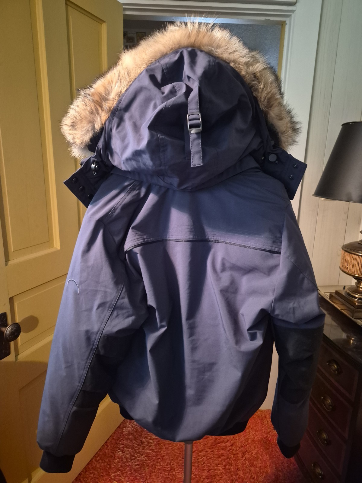 CMFR Men’s Blue Full Zip Hooded Bomber Jacket M Stand-Up Fur Trim Down Short