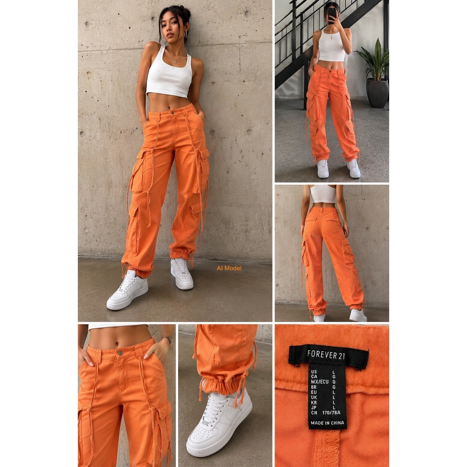 Orange Cargo Jogger Pants Womens Large Uility Parachute Y2K Skater Festival
