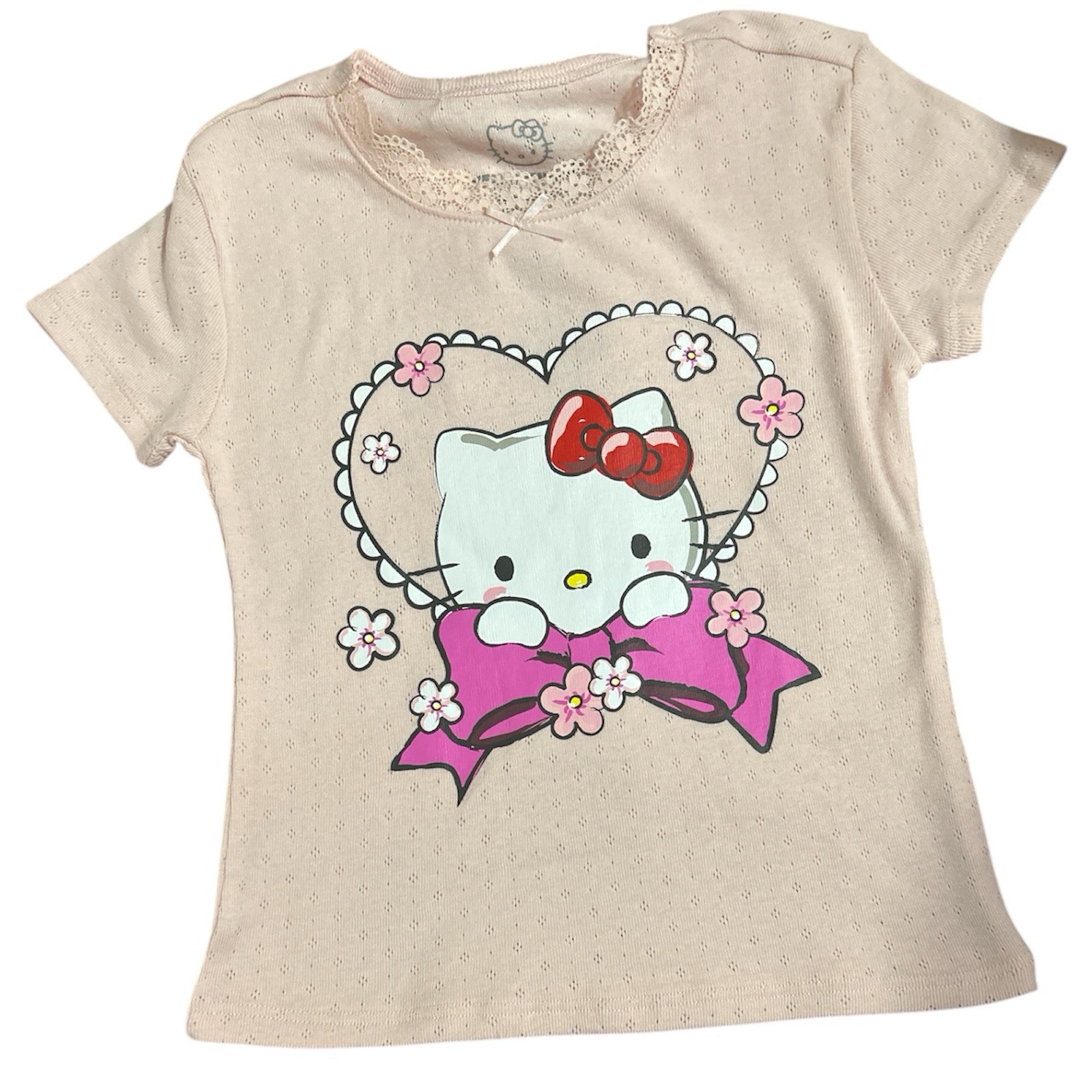 Hello Kitty Girls Pink Lace Trim T-Shirt l Heart Bow Floral Graphic Small