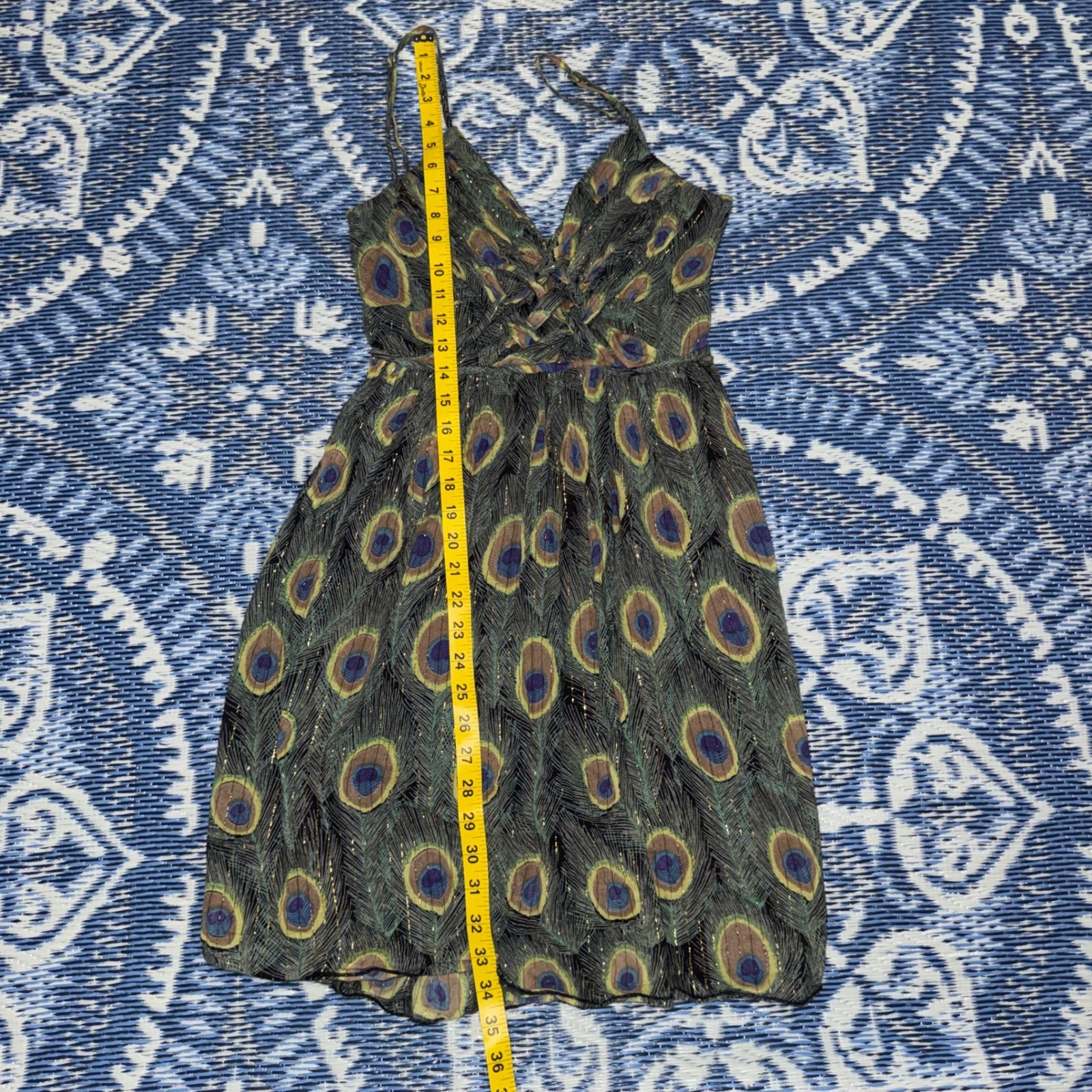 Pura Vida Peacock Feather Print Mini Dress Gold Metallic Cotton Green Blue Sz 6