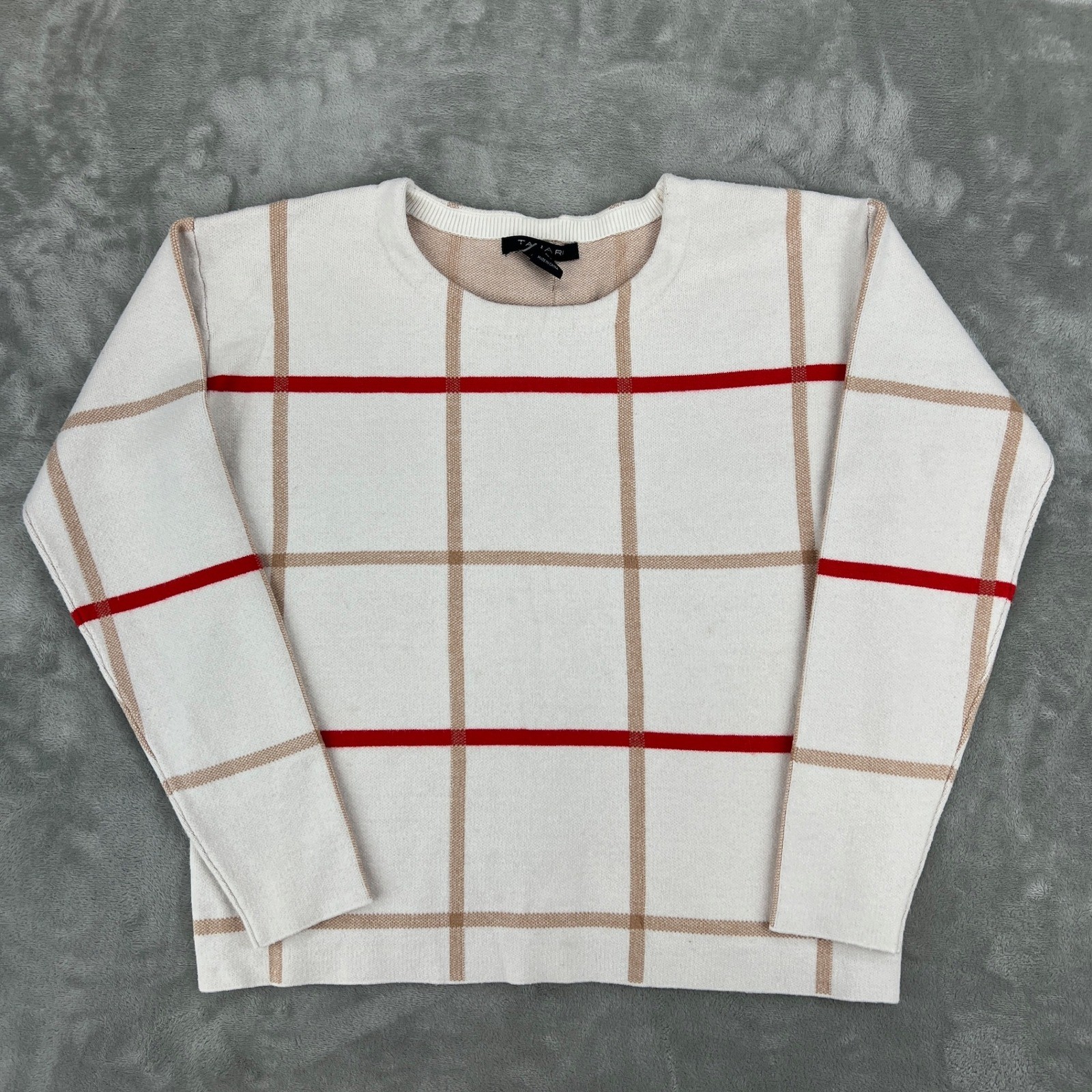 Tahari Women White Windowpane Plaid Button Back Knit Sweater Red Tan Small