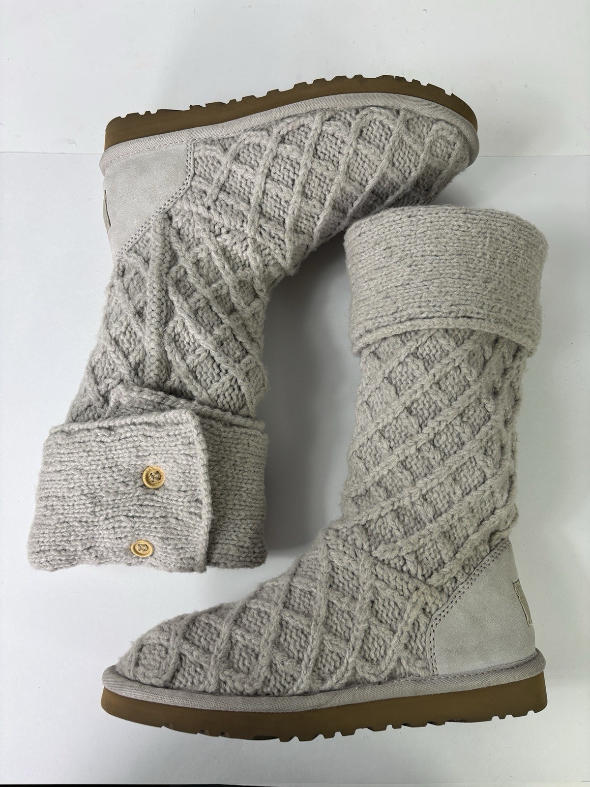 UGG Beige Lattice Cardy Tall BOOTS Size 7 Sweater Knit Button 3066 Cuffable