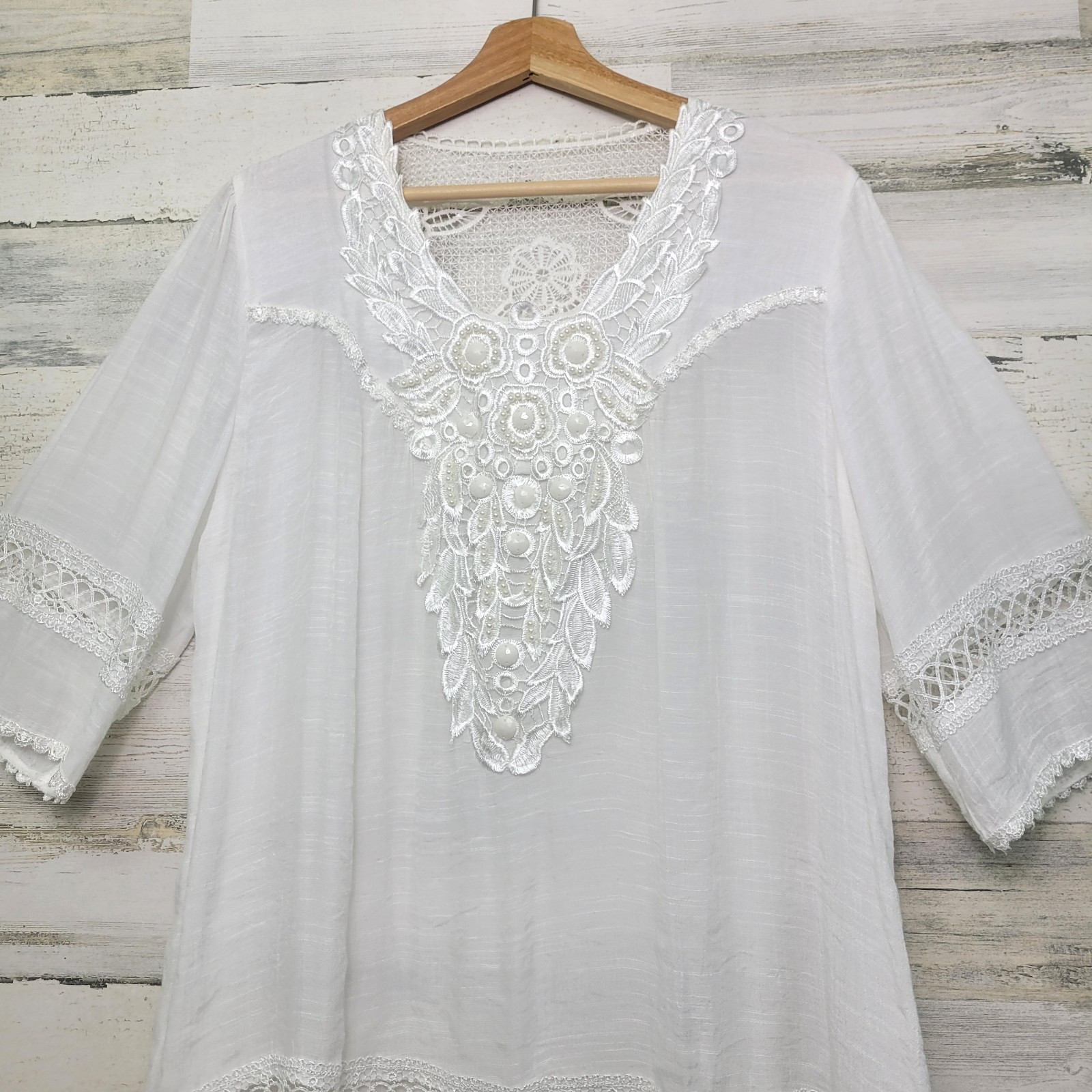 Pretty Angel White Crochet Trim Blouse L Pearl Embellished Scoop Neck Sheer Top