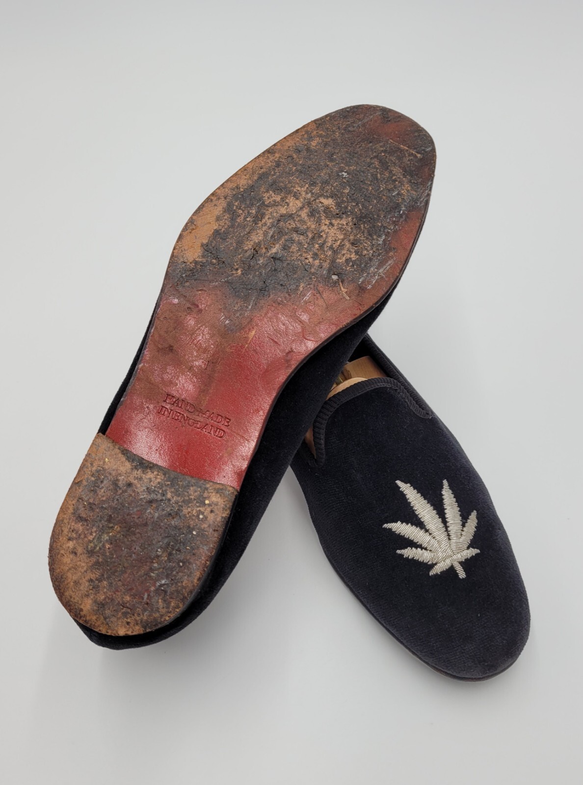 Daniel Cremieux Black Velvet Loafers w/ Hemp Leaf Hand Made in England Size 11