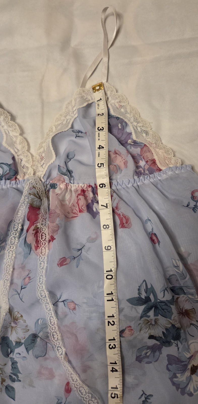 Women’s Size L Light Blue Floral Translucent Lace Trim Thin Strap Nightgown