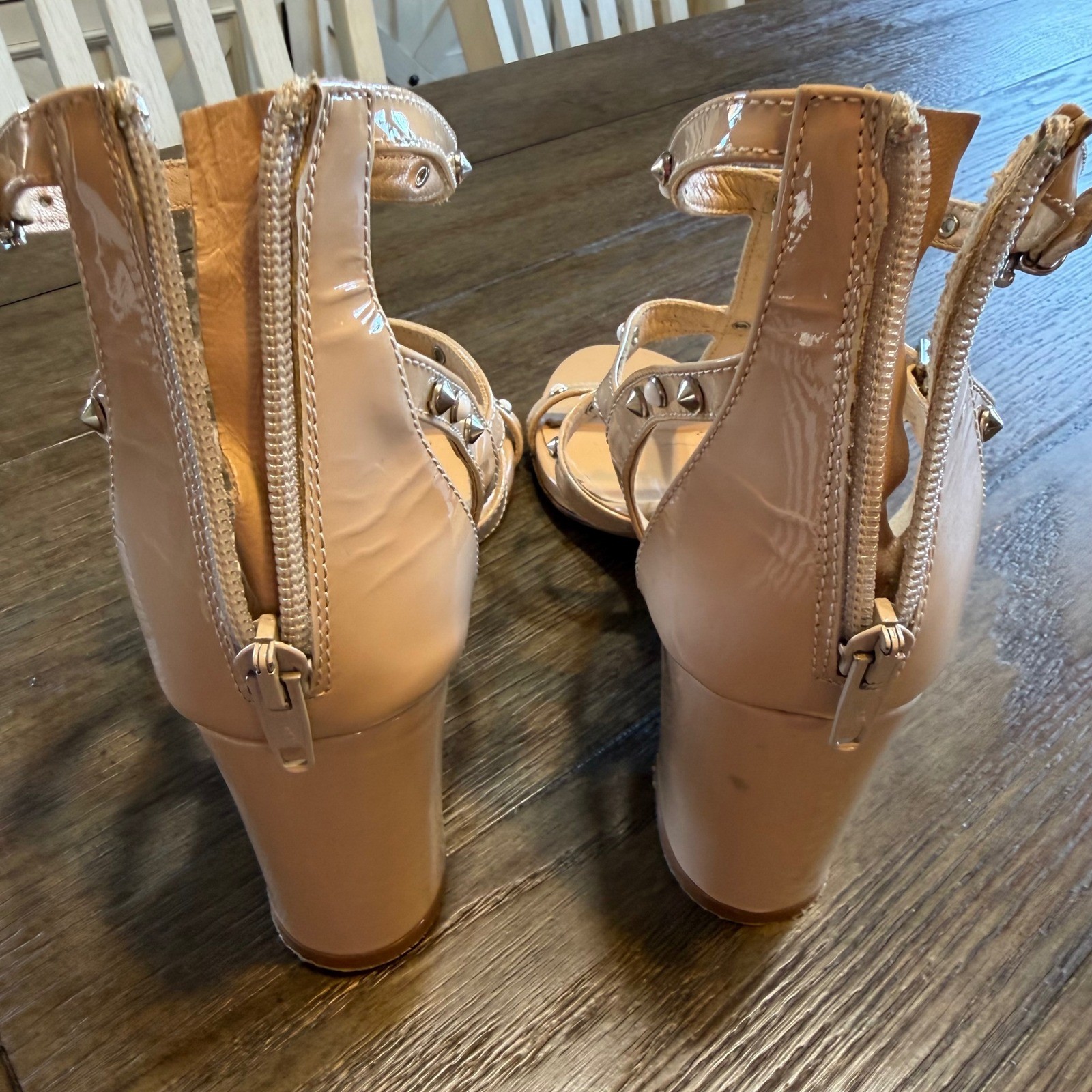 Napoleoni Italy Nude Patent Leather Studded Gladiator Block Heel Sandals EU 38