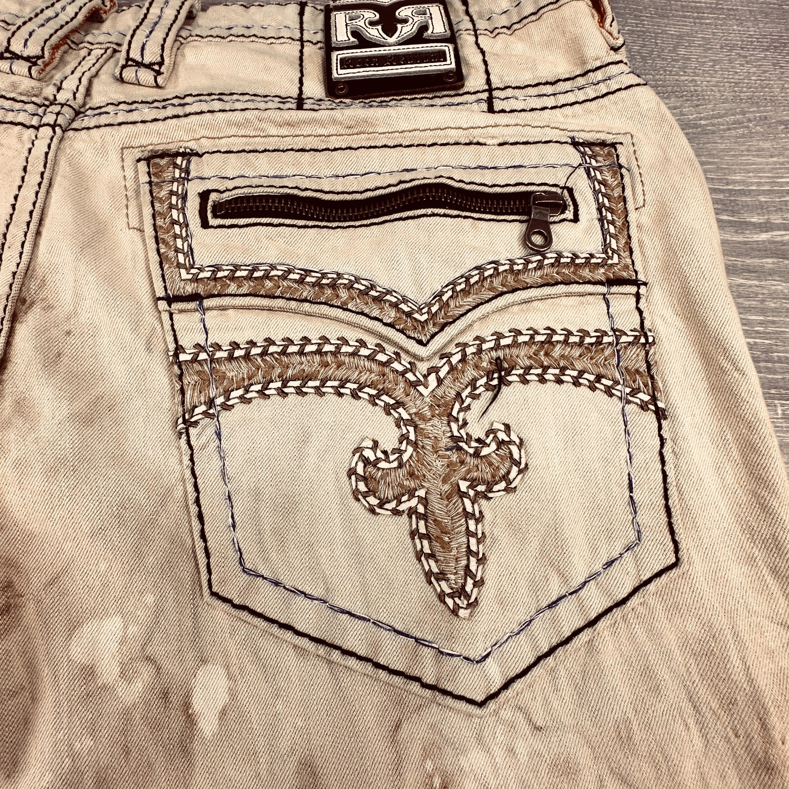 Rock Revivial Callan Biker Beige Jeans Acid Distressed Embroidery Size 38 x 33