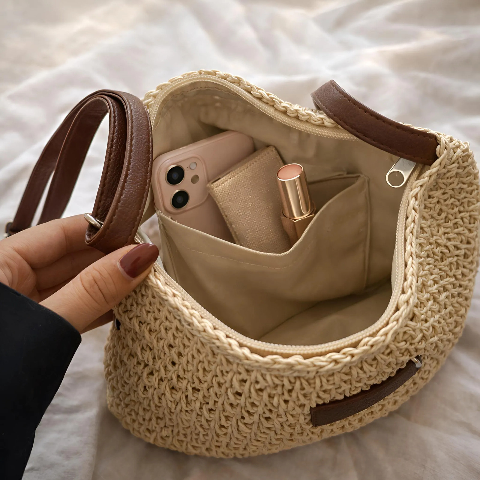 Woven Straw Tote Bag, Zipper Shoulder Purse, Minimalist Summer Vacation Bag