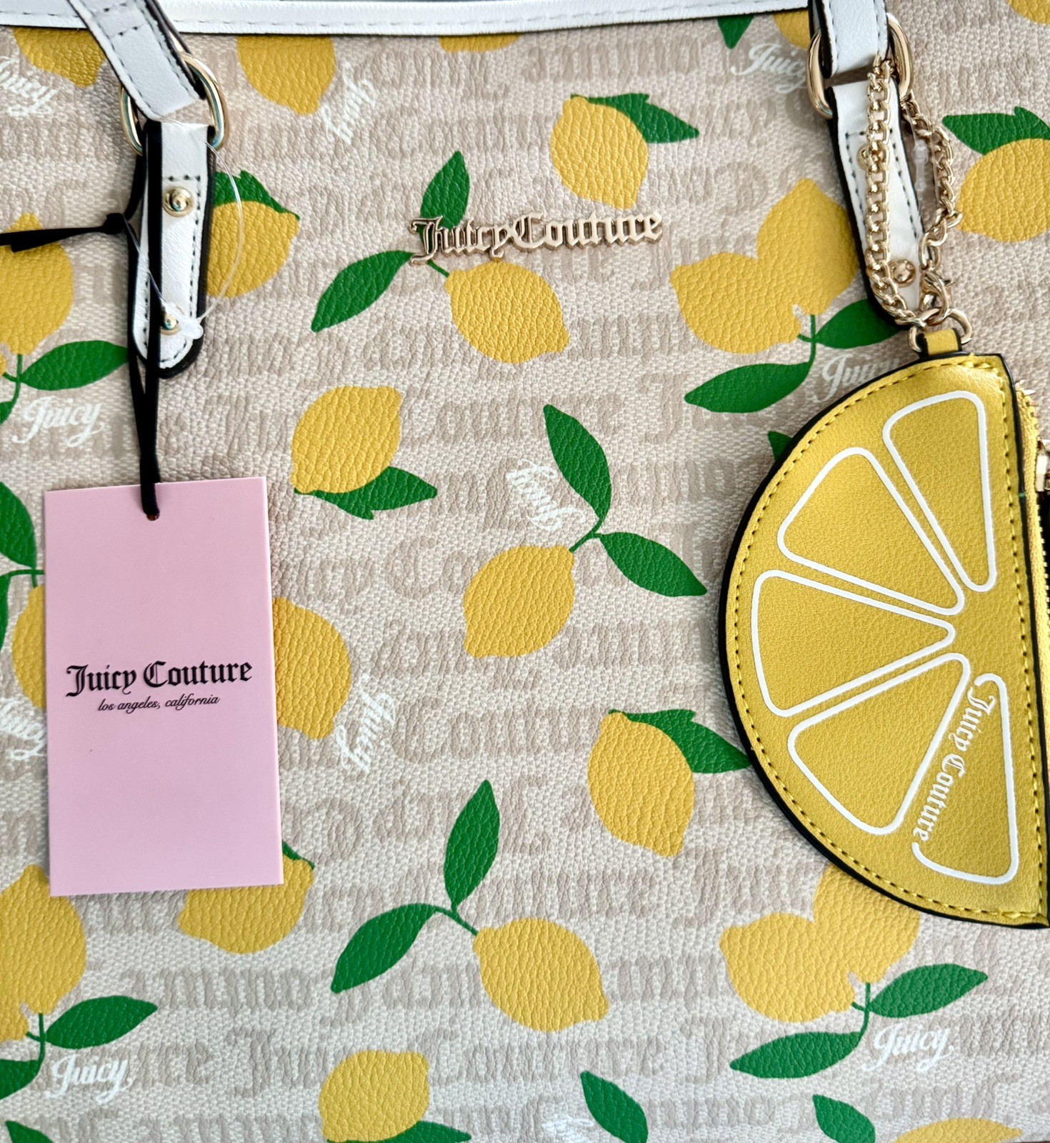 Juicy Couture Fruitful Lemon Tote Bag Sandstone White Monogram Wallet Charm NWT