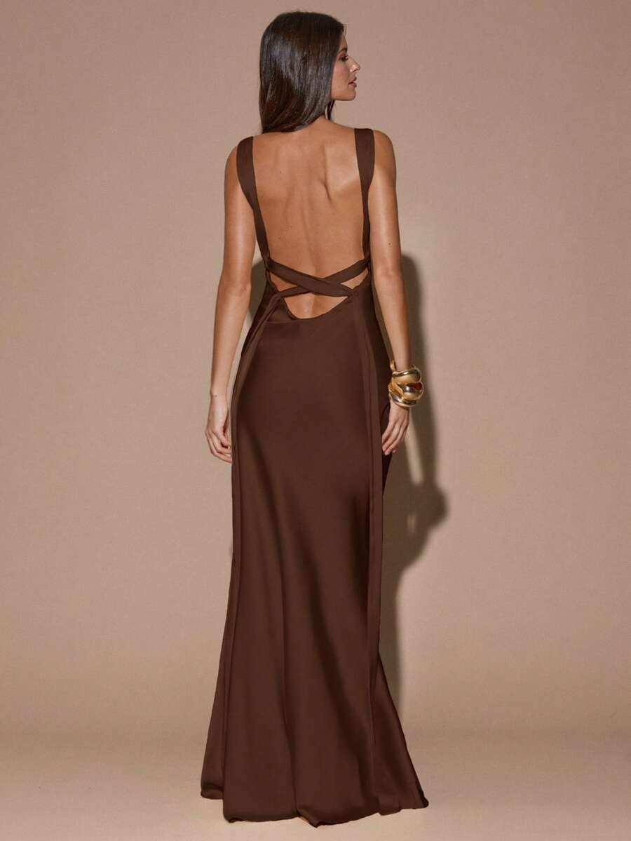 Elegant Satin Maxi Dress Deep V Neck Criss Cross Backless Mermaid Wedding