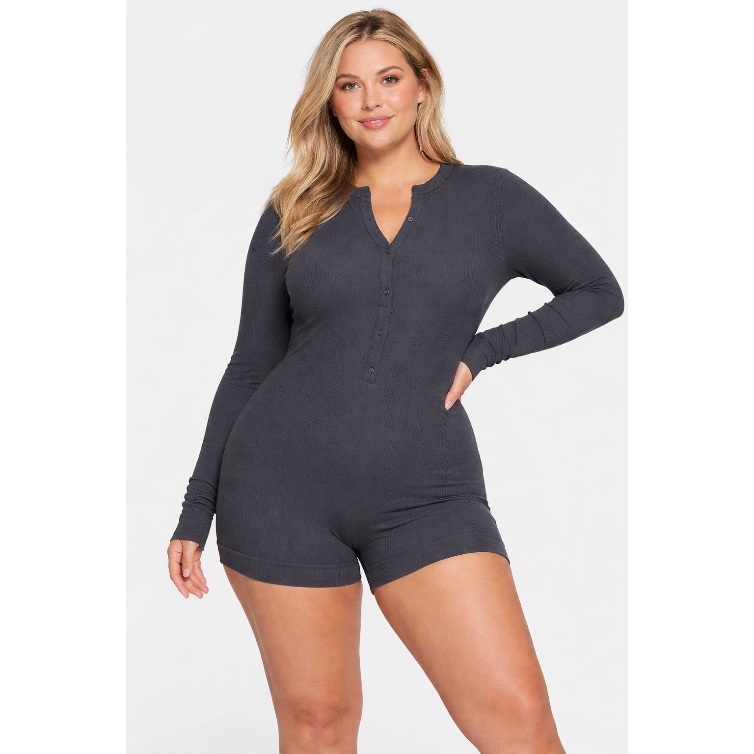 SKIMS Soft Lounge Button Up Henley Romper Gunmetal 4X