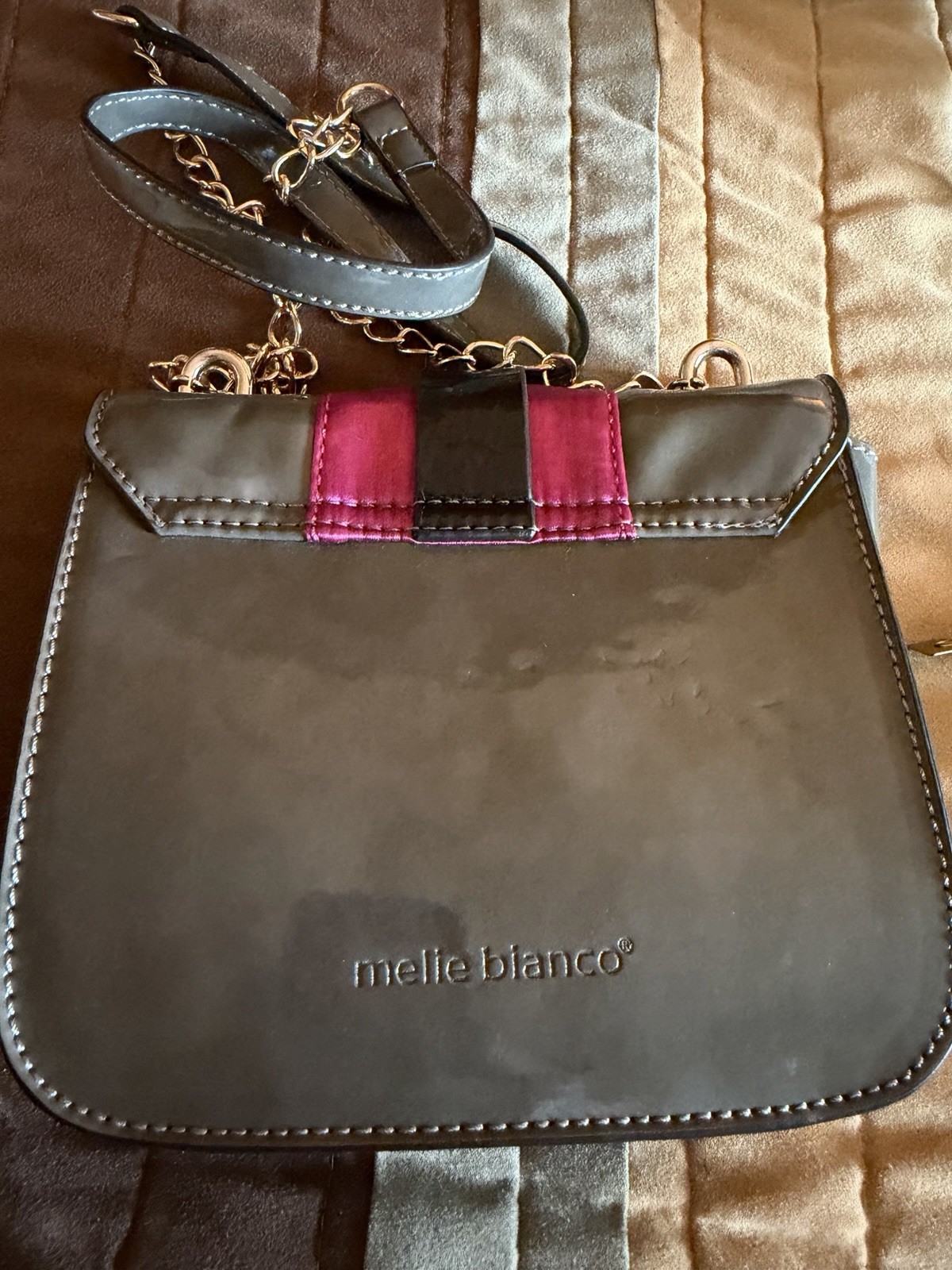Melie Bianco Gray/Pink Small Patent Studded Crossbody, Chain Strap, Push Lock